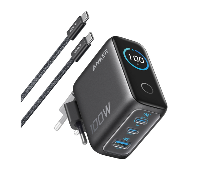 Anker Charger (100W, 3 Ports, Smart Display) with USB-C Cable
